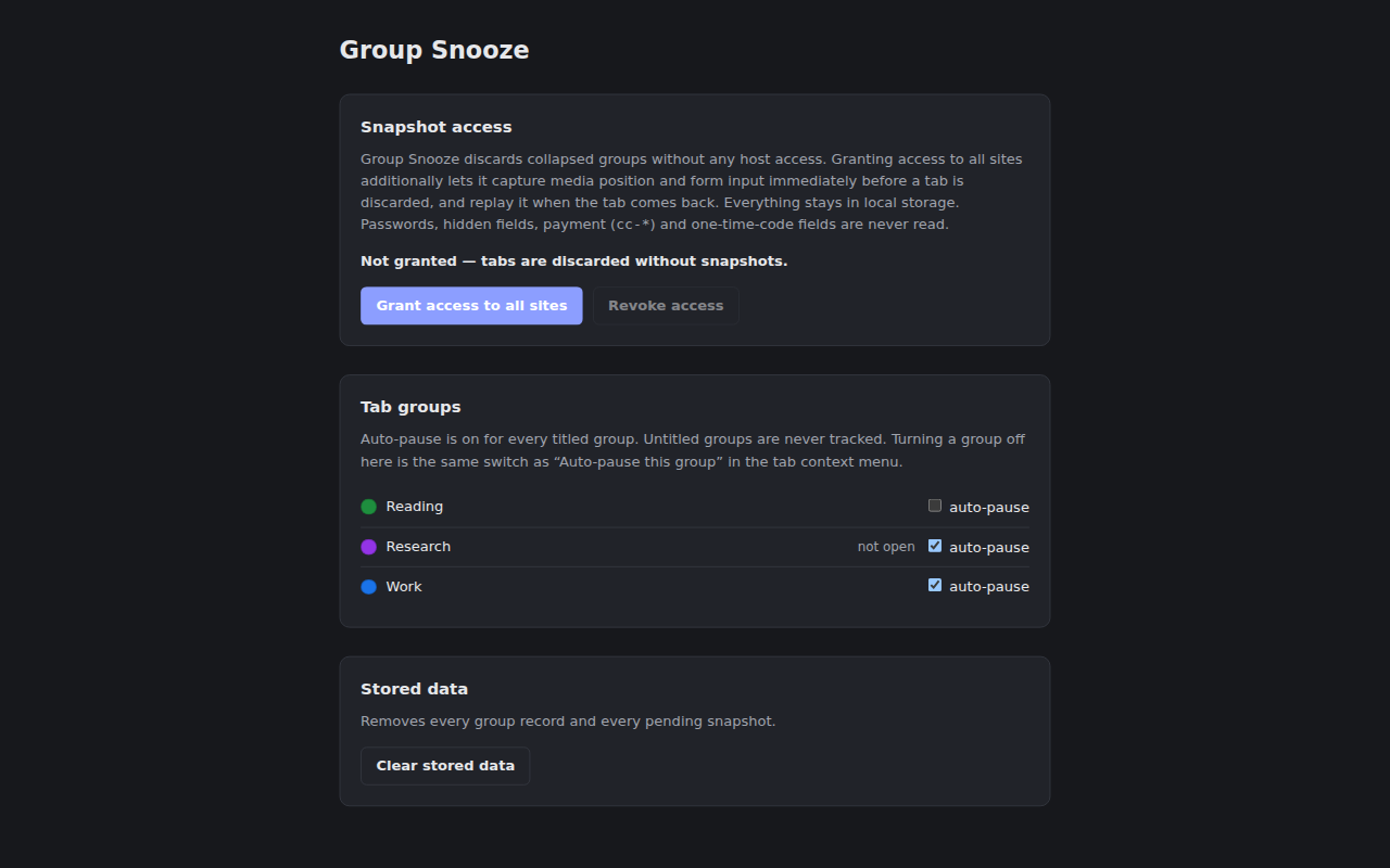 Group Snooze options page